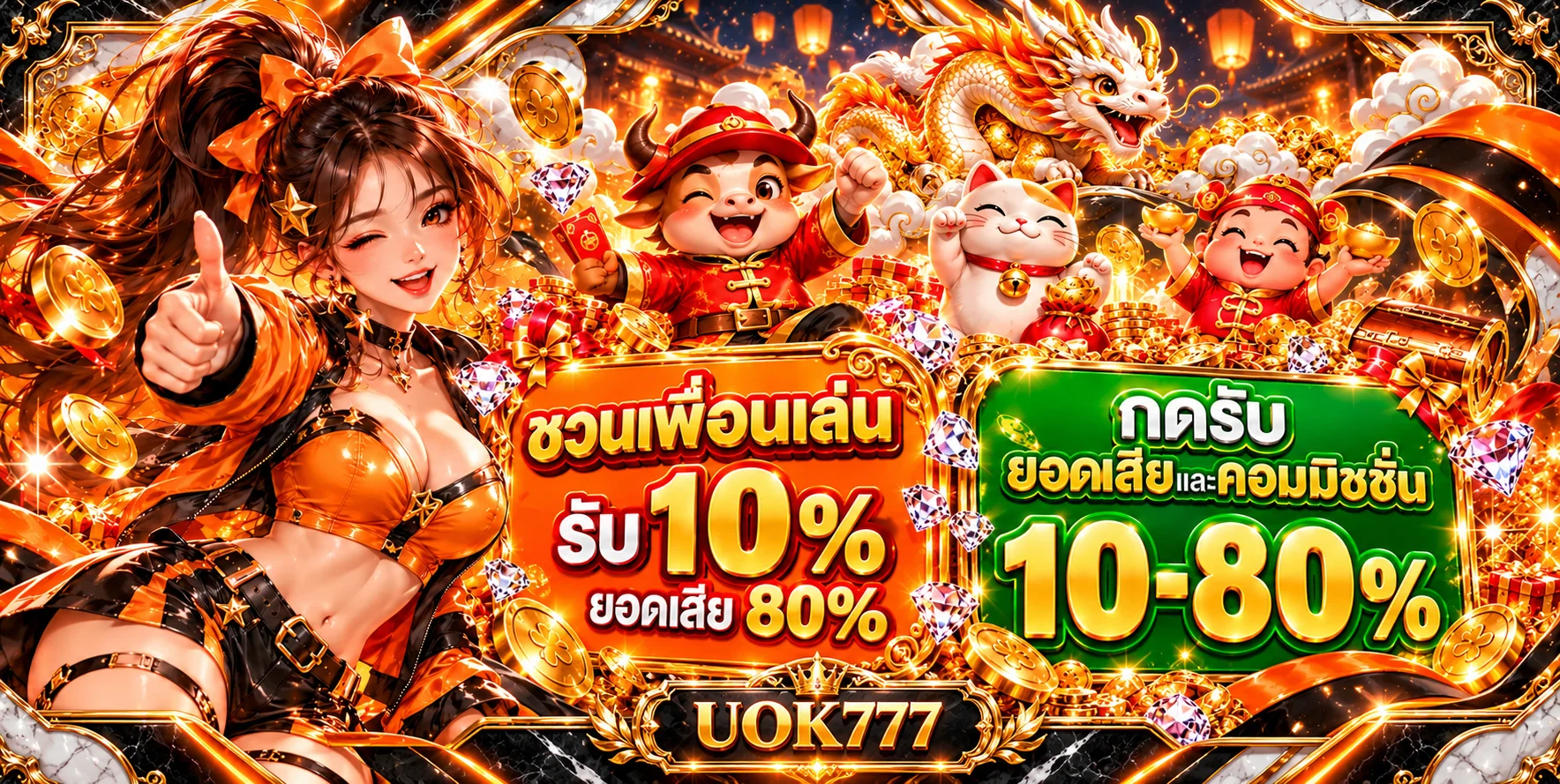 แบนเนอร์สิทธิ์สล็อต UOK777 และตัวละครเกม